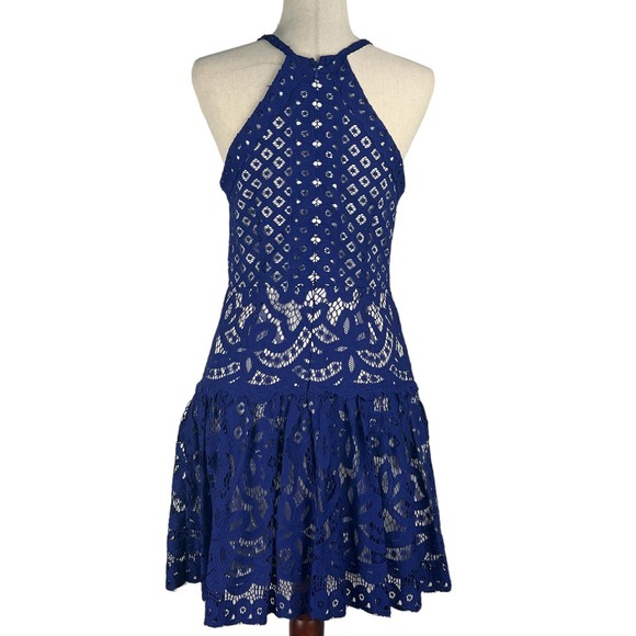 GIANNI BINI HALTER LACE OVERLAY DROP WAIST FIT & FLARE DRESS COBALT MEDIUM EUC - Picture 9 of 16